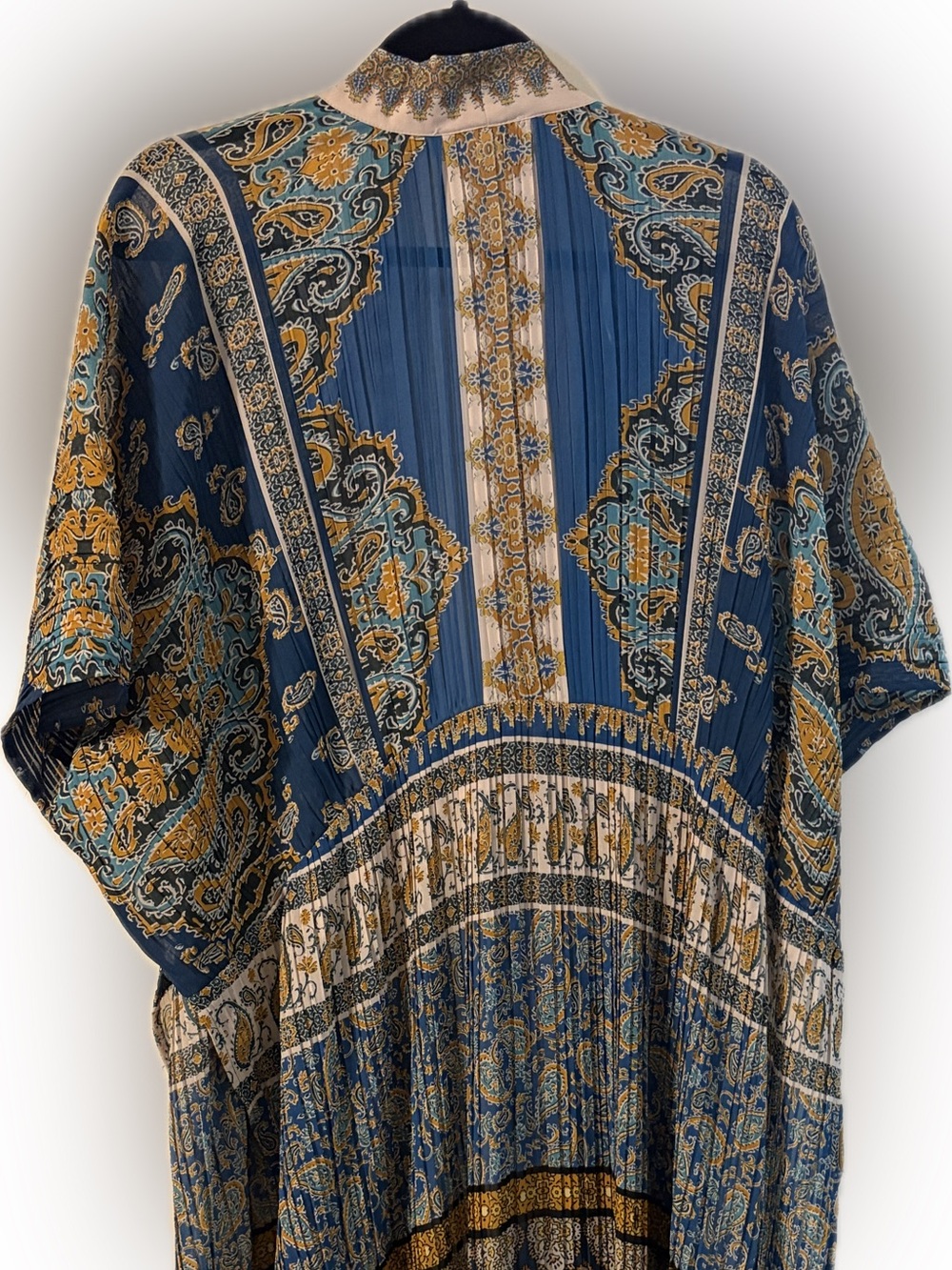 Boho Navy & Mustard Paisley Pleated Kimono Wrap Cardigan